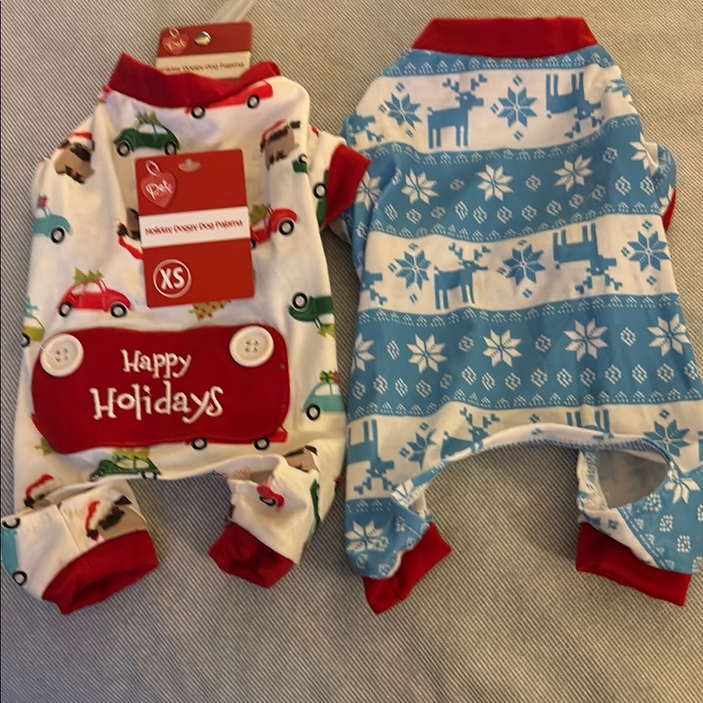 Two  Holiday Dog Pajamas - Red and Blue